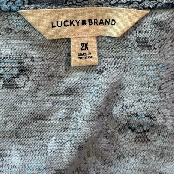 Lucky Brand Plus Size 2X Blue Print Boho Top Shirt V Neck  Sheer Ruffle Sleeve - Picture 3 of 5
